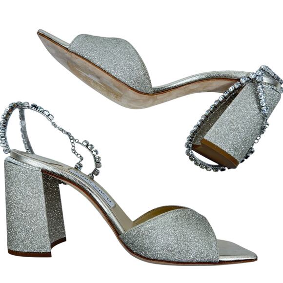 New Jimmy Choo Saeda Block Heel Glitter Crystals Sandals Platinum Size 38 - Picture 9 of 14